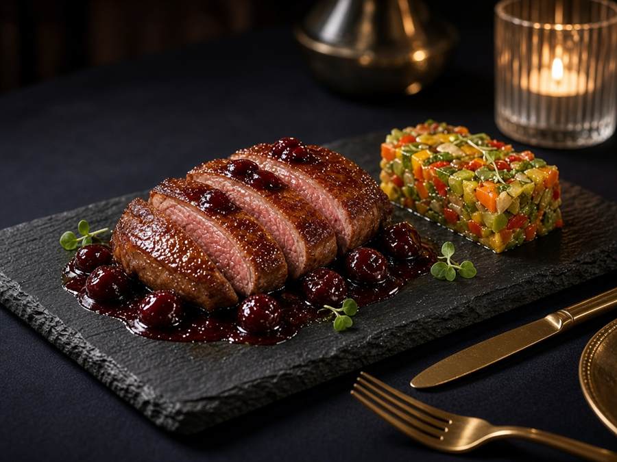 Poitrine de canard laquée et légumes en mosaïque